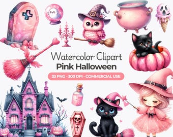 Pink Halloween Clipart Bundle, Watercolor Girly Graphics (Commercial Use)