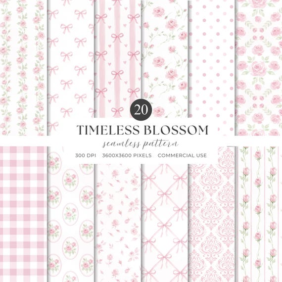 Coquette Seamless Patterns, Pink Watercolor Bows, Rose Floral Digital Paper, Preppy Pattern (JPG, PNG)