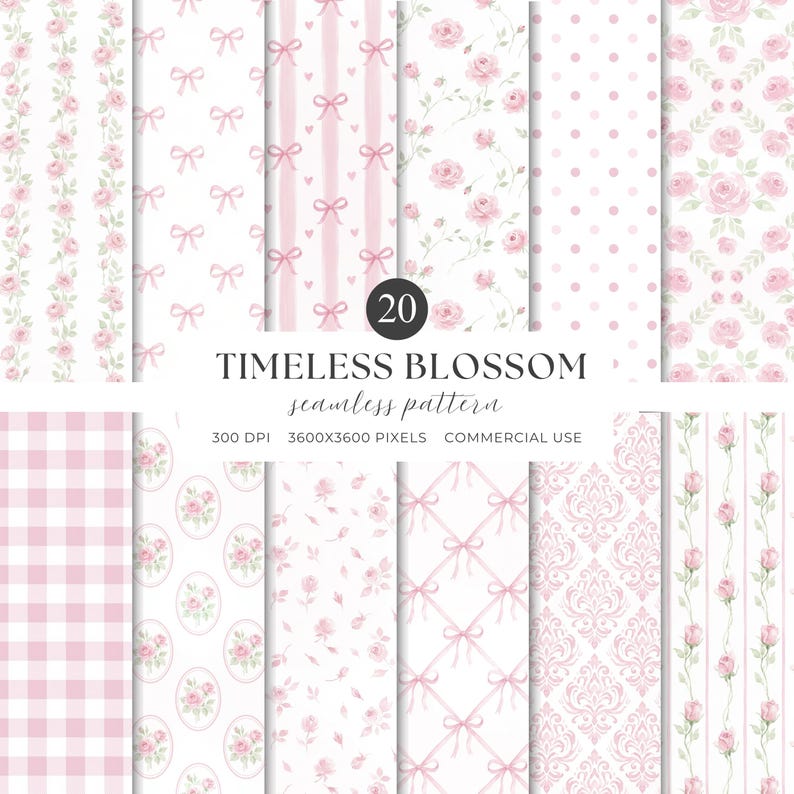 Coquette Seamless Patterns, Pink Watercolor Bows, Rose Floral Digital Paper, Preppy Pattern (JPG, PNG) image 1