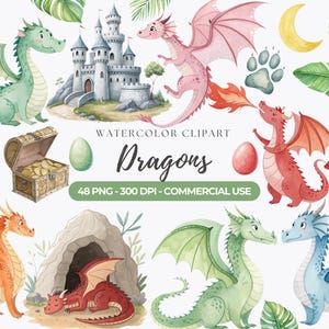 Imágenes prediseñadas de dragón de acuarela, dragones lindos PNG, bebé dragón, imágenes prediseñadas de dragón mágico, imágenes prediseñadas de cuento de hadas, huevo de dragón, uso comercial