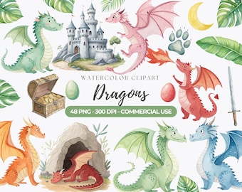 Watercolor Baby Dragon Clipart, Fantasy PNG Graphics (Commercial Use)