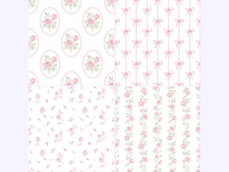 Coquette Seamless Patterns, Pink Watercolor Bows, Rose Floral Digital Paper, Preppy Pattern (JPG, PNG) image 3