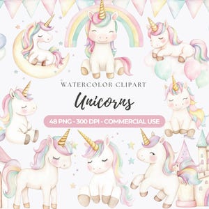 Puede incluir: Clipart de acuarela con unicornios con crines de arcoíris y cuernos dorados. La imagen incluye un arcoíris, globos, un castillo y el texto "Unicorns". El clipart está etiquetado como 48 imágenes PNG con 300 DPI para uso comercial.