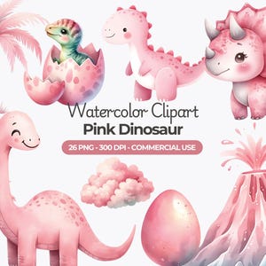 Lindo dinosaurio rosa clipart, paquete de imágenes prediseñadas de dinosaurio en acuarela PNG, imágenes prediseñadas de dinosaurio femenino, imágenes prediseñadas de fiesta de dinosaurios, arte de guardería de dinosaurios, uso comercial