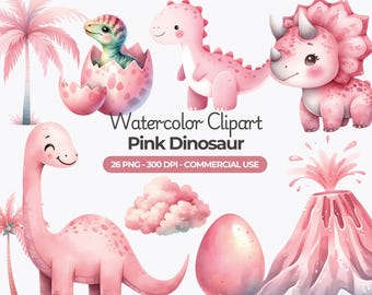 Cute Pink Dinosaur Clipart, Watercolor Dino Clipart PNG Bundle, Girly Dino Clip Art, Dino Party Clipart, Dino Nursery Art, Commercial Use