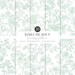 以下が含まれることがあります： 20種類のシームレスなトワルドジュイ柄のコレクション。デザインは、白い背景に繊細な淡い緑色の花のイラストが特徴です。画像には、パターンが300 DPIで3600x3600ピクセルであり、商用利用に適していることを示すテキストが含まれています。