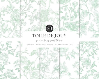 Green Toile De Jouy Seamless Pattern, Green Floral Pattern, Vintage Floral Pattern, French Toile Digital Papers, Green Chinoiserie