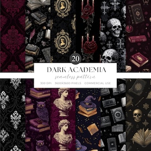 Könnte beinhalten: Eine Sammlung von 20 nahtlosen Mustern im Dark-Academia-Stil. Die Muster zeigen Schädel, Bücher, Porträts, Eulen und andere gotische Elemente in Schwarz, Burgunderrot und Gold. Der Text "DARK ACADEMIA seamless pattern" ist zu sehen.