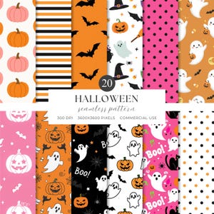 May include: A collection of Halloween-themed seamless patterns. Designs include pumpkins, bats, ghosts, witch hats, and polka dots in orange, black, pink, and white. The text reads "HALLOWEEN seamless pattern".