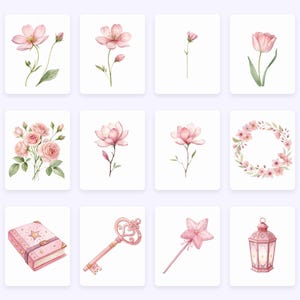 K&ouml;nnte beinhalten: Ein Set mit 10 Aquarell-Illustrationen mit rosa Blumen, einem Schl&uuml;ssel, einem Zauberstab, einer Laterne und einem Buch. Die Illustrationen sind perfekt, um jedem Projekt einen Hauch von Verspieltheit zu verleihen.