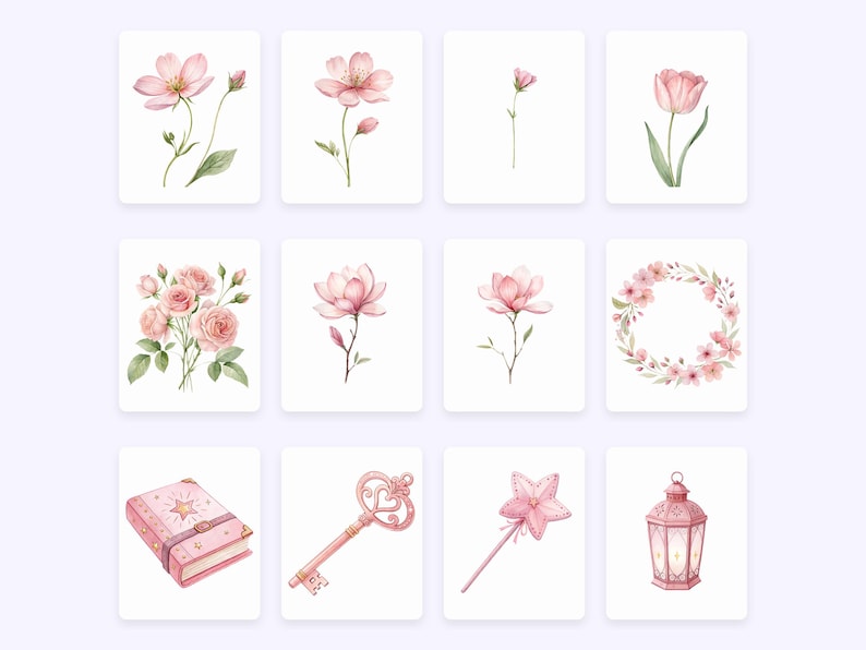K&ouml;nnte beinhalten: Ein Set mit 10 Aquarell-Illustrationen mit rosa Blumen, einem Schl&uuml;ssel, einem Zauberstab, einer Laterne und einem Buch. Die Illustrationen sind perfekt, um jedem Projekt einen Hauch von Verspieltheit zu verleihen.