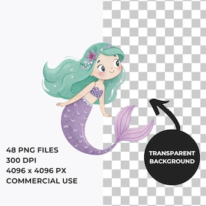 Pu&ograve; includere: Illustrazione ad acquerello di una sirena con capelli verde acqua, coda viola e top a conchiglia viola. La sirena ha un fiore tra i capelli e sorride. Il testo dice "48 PNG FILES, 300 DPI, 4096 x 4096 PX, COMMERCIAL USE".