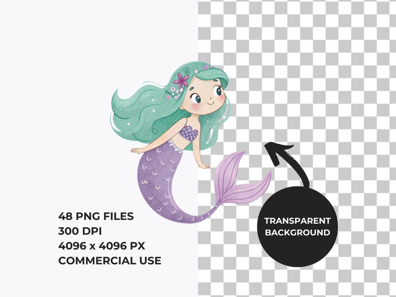 Pu&ograve; includere: Illustrazione ad acquerello di una sirena con capelli verde acqua, coda viola e top a conchiglia viola. La sirena ha un fiore tra i capelli e sorride. Il testo dice "48 PNG FILES, 300 DPI, 4096 x 4096 PX, COMMERCIAL USE".