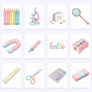 Op de afbeelding: Waterverfillustraties van schoolbenodigdheden op witte achtergronden. Items zijn onder meer potloden, een microscoop, een lunchbox, een vergrootglas, een magneet, een markeerstift, het woord "hallo", een puntenslijper, een liniaal, een schaar, een rekenmachine en een gum.