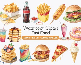 Watercolor Fast Food Clipart, Junk Food PNG, Snack Graphics, Hamburger, Pizza, Hotdog, Donut, Popcorn, Sandwich, Commercial Use