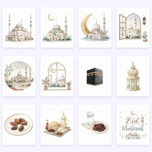 Pode incluir: Um conjunto de 12 ilustra&ccedil;&otilde;es de aquarela com temas isl&acirc;micos. As ilustra&ccedil;&otilde;es incluem mesquitas, lanternas, t&acirc;maras e a Caaba. As ilustra&ccedil;&otilde;es s&atilde;o perfeitas para usar em cart&otilde;es de felicita&ccedil;&otilde;es, convites ou outros projetos.