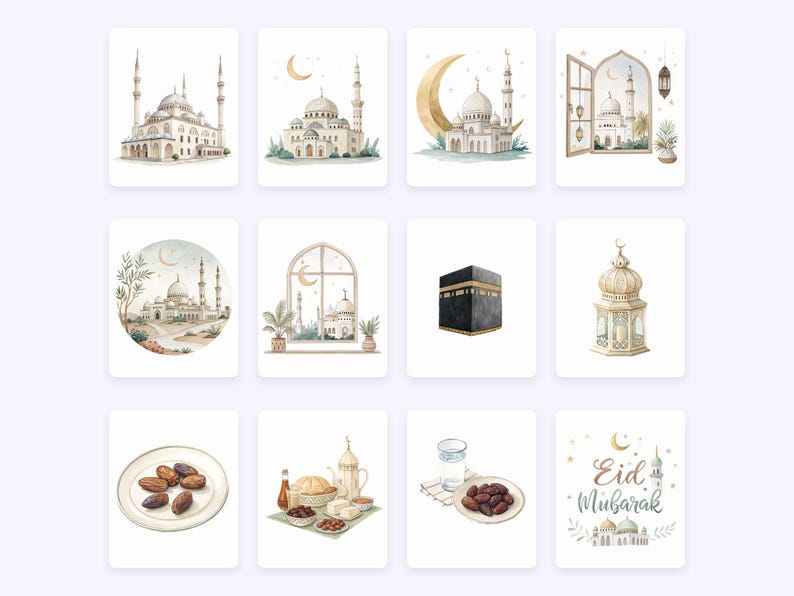 Pode incluir: Um conjunto de 12 ilustra&ccedil;&otilde;es de aquarela com temas isl&acirc;micos. As ilustra&ccedil;&otilde;es incluem mesquitas, lanternas, t&acirc;maras e a Caaba. As ilustra&ccedil;&otilde;es s&atilde;o perfeitas para usar em cart&otilde;es de felicita&ccedil;&otilde;es, convites ou outros projetos.