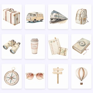 Puede incluir: Ilustraciones en acuarela de art&iacute;culos de viaje sobre cuadrados blancos. Incluye una maleta, una furgoneta, un tren, una mochila, unos prism&aacute;ticos, una taza de caf&eacute;, un bloc de notas, un diario con una br&uacute;jula, unas gafas de sol, un poste de se&ntilde;alizaci&oacute;n y un globo aerost&aacute;tico.