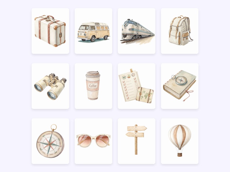 Puede incluir: Ilustraciones en acuarela de art&iacute;culos de viaje sobre cuadrados blancos. Incluye una maleta, una furgoneta, un tren, una mochila, unos prism&aacute;ticos, una taza de caf&eacute;, un bloc de notas, un diario con una br&uacute;jula, unas gafas de sol, un poste de se&ntilde;alizaci&oacute;n y un globo aerost&aacute;tico.