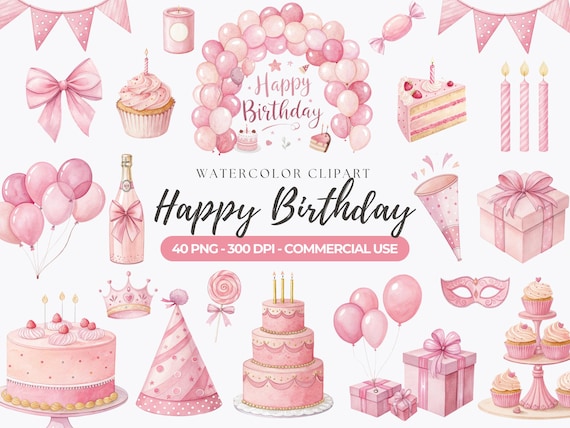 Pink Birthday Clipart, Watercolor Party Graphics, Happy Birthday PNG, Balloons, Cake, Gift, Commercial Use
