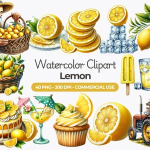 Watercolor Lemon Clipart, Lemon PNG Bundle, Lemon Slice, Lemon Wreath, Lemon Flowers, Lemonade Clipart, Commercial Use
