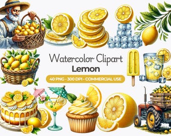 Peut inclure: Ensemble de clipart aquarelle représentant des citrons sous différentes formes, notamment des citrons entiers, des tranches de citron, des quartiers de citron, du jus de citron, des cupcakes au citron et une sucette glacée au citron. L'ensemble comprend également un panier de citrons, un verre de limonade et un tracteur transportant une caisse de citrons. Le texte "Watercolor Clipart Lemon" et "40 PNG - 300 DPI - COMMERCIAL USE" est inclus dans l'image.