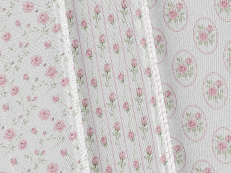 May include: Close-up of three fabric swatches with floral patterns. One features scattered pink roses on a white background. Another has vertical pink stripes with rose vines. The third has pink rose bouquets in oval frames.