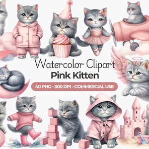 Clipart aquarelle bébé rose chaton, png chaton mignon, chatons mignons chaton, baby shower fille, scrapbooking, créations numériques sur papier, usage commercial