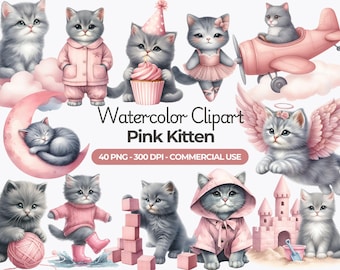 Watercolor Kitten Clipart, Pink Baby Shower PNGs (Commercial Use)