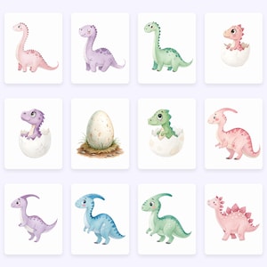 May include: A set of nine watercolor illustrations featuring cute dinosaurs in various poses. Some dinosaurs are hatching from eggs, while others are standing on their own. The dinosaurs are all different colors, including pink, purple, green, and blue.
