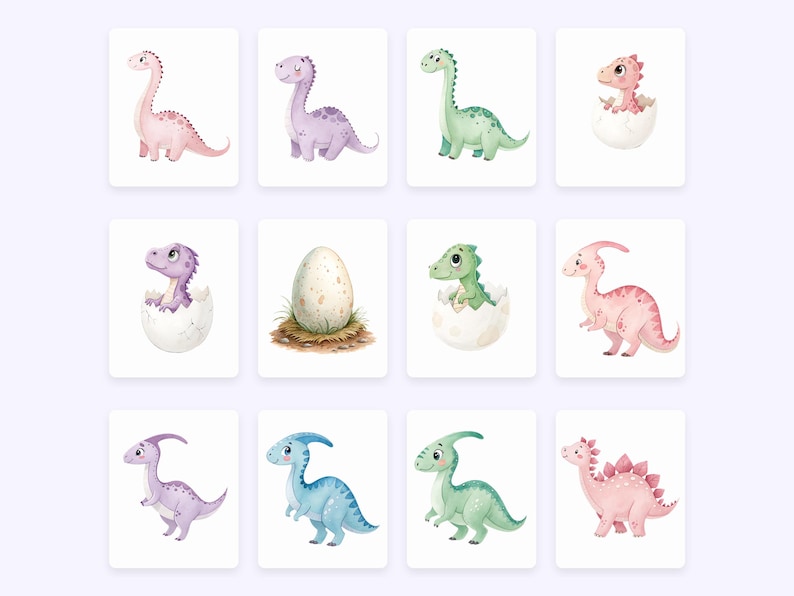May include: A set of nine watercolor illustrations featuring cute dinosaurs in various poses. Some dinosaurs are hatching from eggs, while others are standing on their own. The dinosaurs are all different colors, including pink, purple, green, and blue.