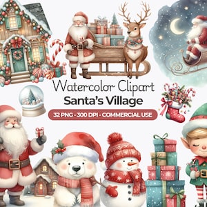 Clipart de la aldea de Papá Noel en acuarela, clipart de Papá Noel, pueblo navideño, paquete de clipart navideño, clipart de invierno, reno png, uso comercial