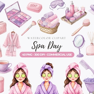 Watercolor Spa Clipart, Spa Girls PNG, Self Care Clipart, Pedicure, Manicure, Makeup, Spa Party, Skin Care, Pamper Party, Commercial Use