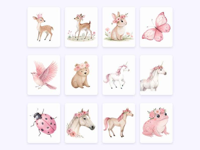 K&ouml;nnte beinhalten: Ein Set mit 10 Aquarell-Illustrationen, die verschiedene Tiere mit Blumenkr&auml;nzen zeigen. Zu den Tieren geh&ouml;ren ein Reh, ein Kaninchen, ein B&auml;r, ein Vogel, ein Marienk&auml;fer, ein Einhorn, ein Pferd und ein Frosch. Alle Illustrationen sind in Rosa- und Wei&szlig;t&ouml;nen gehalten.