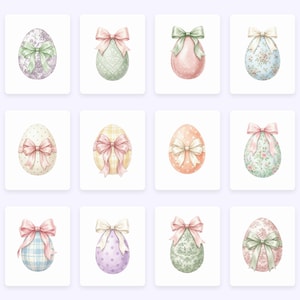 May include: Watercolor illustrations of Easter eggs with decorative bows. Each egg features a unique pattern and color scheme, including floral, polka dot, and plaid designs. The bows are in soft pastel colors, creating a delicate and festive aesthetic.