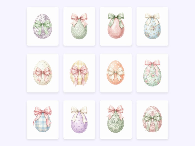 May include: Watercolor illustrations of Easter eggs with decorative bows. Each egg features a unique pattern and color scheme, including floral, polka dot, and plaid designs. The bows are in soft pastel colors, creating a delicate and festive aesthetic.