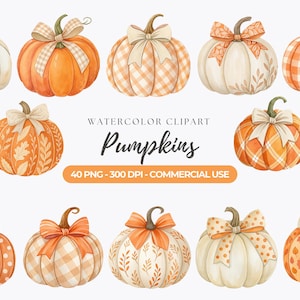 May include: Watercolor clipart of pumpkins in various shades of orange and white, each adorned with a decorative bow. The pumpkins feature different patterns, including polka dots, plaid, and leaf designs. The text "Watercolor Clipart Pumpkins" is displayed.