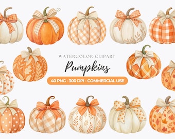 Watercolor Pumpkin Clipart, Fall Autumn PNG, Commercial Use