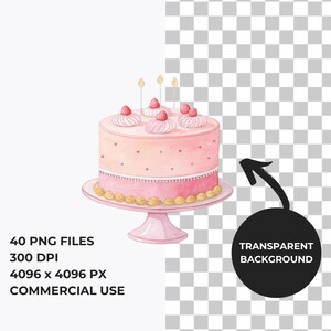 May include: A watercolour illustration of a pink cake with strawberry toppings and lit candles. The cake is on a pink cake stand with gold trim. The image includes text: 40 PNG FILES, 300 DPI, 4096 x 4096 PX, COMMERCIAL USE.