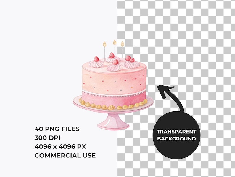 May include: A watercolour illustration of a pink cake with strawberry toppings and lit candles. The cake is on a pink cake stand with gold trim. The image includes text: 40 PNG FILES, 300 DPI, 4096 x 4096 PX, COMMERCIAL USE.