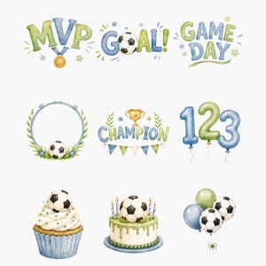 May include: A collection of watercolor illustrations featuring soccer-themed elements including text that reads MVP, GOAL, GAME DAY, and CHAMPION, along with a soccer ball, a trophy, balloons shaped like the numbers 1, 2, and 3, a cupcake, and a cake.