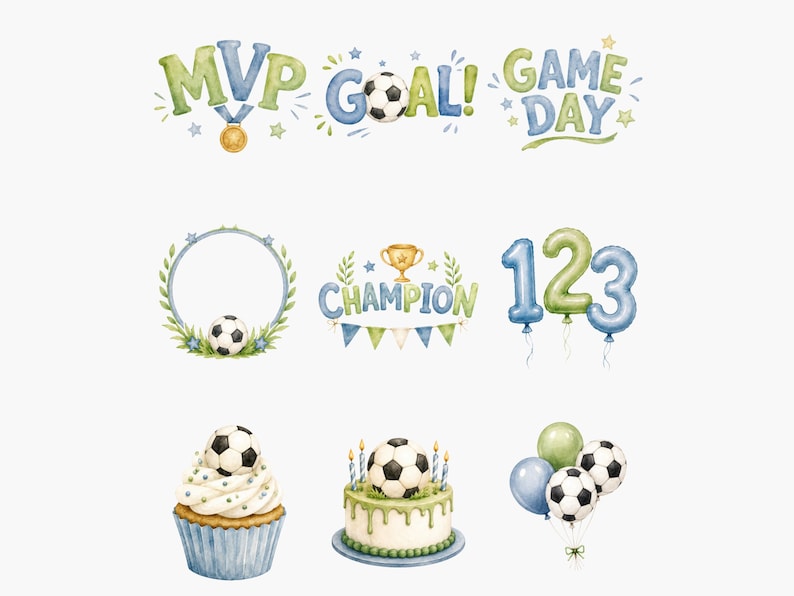May include: A collection of watercolor illustrations featuring soccer-themed elements including text that reads MVP, GOAL, GAME DAY, and CHAMPION, along with a soccer ball, a trophy, balloons shaped like the numbers 1, 2, and 3, a cupcake, and a cake.
