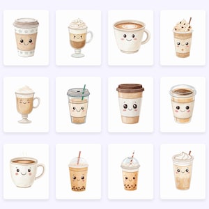 May include: A set of ten watercolor illustrations of cute coffee and tea drinks with smiling faces. The drinks include a coffee cup, a latte, a cappuccino, a iced coffee, a hot chocolate, a boba tea, and a iced tea.