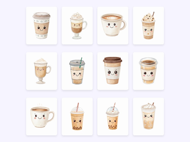 May include: A set of ten watercolor illustrations of cute coffee and tea drinks with smiling faces. The drinks include a coffee cup, a latte, a cappuccino, a iced coffee, a hot chocolate, a boba tea, and a iced tea.