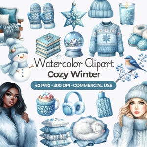 Acuarela acogedora imagen prediseñada de invierno, invierno azul PNG, temporada de invierno, decoración navideña, pegatinas digitales, álbumes de recortes, uso comercial