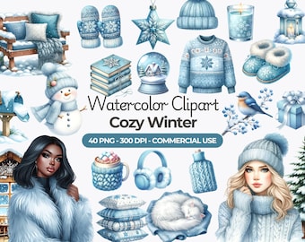 May include: Watercolor clipart set featuring cozy winter illustrations. Includes a snowman, a woman in a blue sweater, a snow globe, a mailbox, a bluebird, a gift box, a mug of hot chocolate, a pair of mittens, a book stack, a lantern, a pair of slippers, a hat, a sweater, a pair of headphones, a hot water bottle, a pillow, a cat sleeping on a blanket, and a Christmas star.