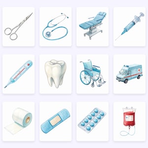 Op de afbeelding: Een set aquarel illustraties van medische benodigdheden en apparatuur, waaronder een stethoscoop, een schaar, een thermometer, een tand, een rolstoel, een ambulance, een pleister, een rol gaas, een zak bloed, een spuit en een strip pillen.