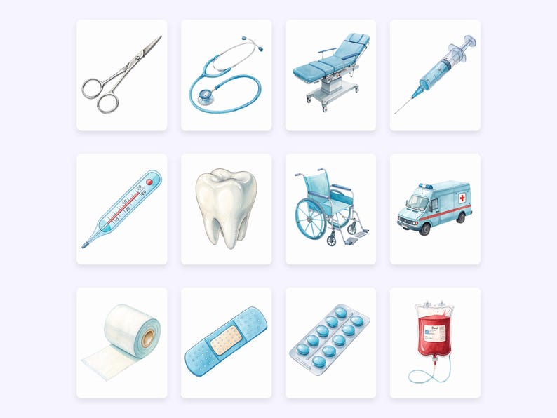 Op de afbeelding: Een set aquarel illustraties van medische benodigdheden en apparatuur, waaronder een stethoscoop, een schaar, een thermometer, een tand, een rolstoel, een ambulance, een pleister, een rol gaas, een zak bloed, een spuit en een strip pillen.