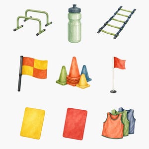 May include: A collection of sports equipment illustrations including green gymnastics bars, a translucent water bottle, an agility ladder, a checkered flag, colorful traffic cones, a red flag, a yellow card, a red card, and three athletic vests.
