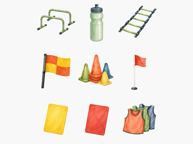 May include: A collection of sports equipment illustrations including green gymnastics bars, a translucent water bottle, an agility ladder, a checkered flag, colorful traffic cones, a red flag, a yellow card, a red card, and three athletic vests.